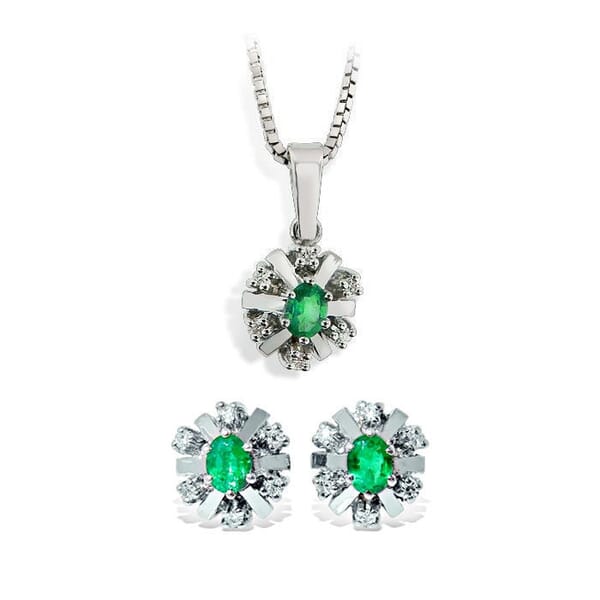 Diamantsett i hvitt gull med smaragd - 27058/760054
